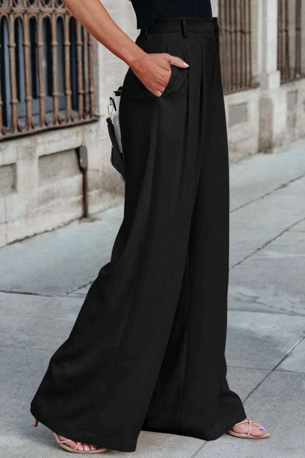 Black Pleated Elegant Wide Leg Pants - Chic Meadow Boutique 