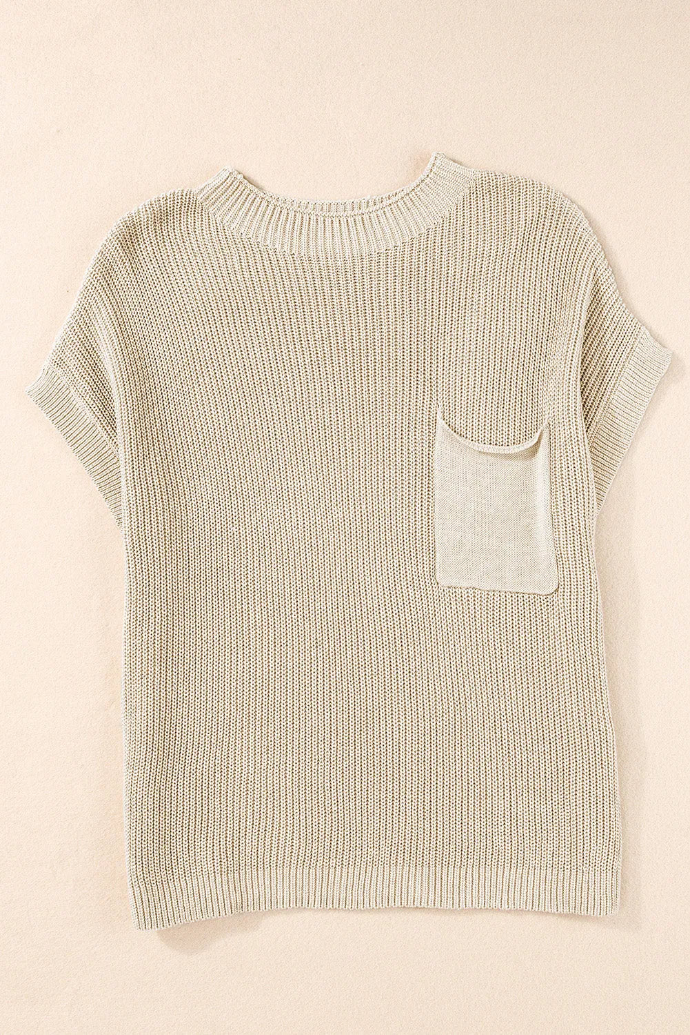 Pale Khaki Patch Pocket Short Sleeve Sweater - Chic Meadow Boutique 