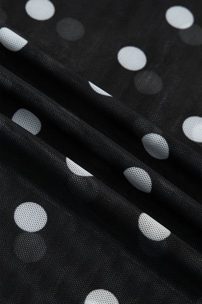 Black Plus Size Mock Neck Polka Dot Long Sleeve Mesh Top