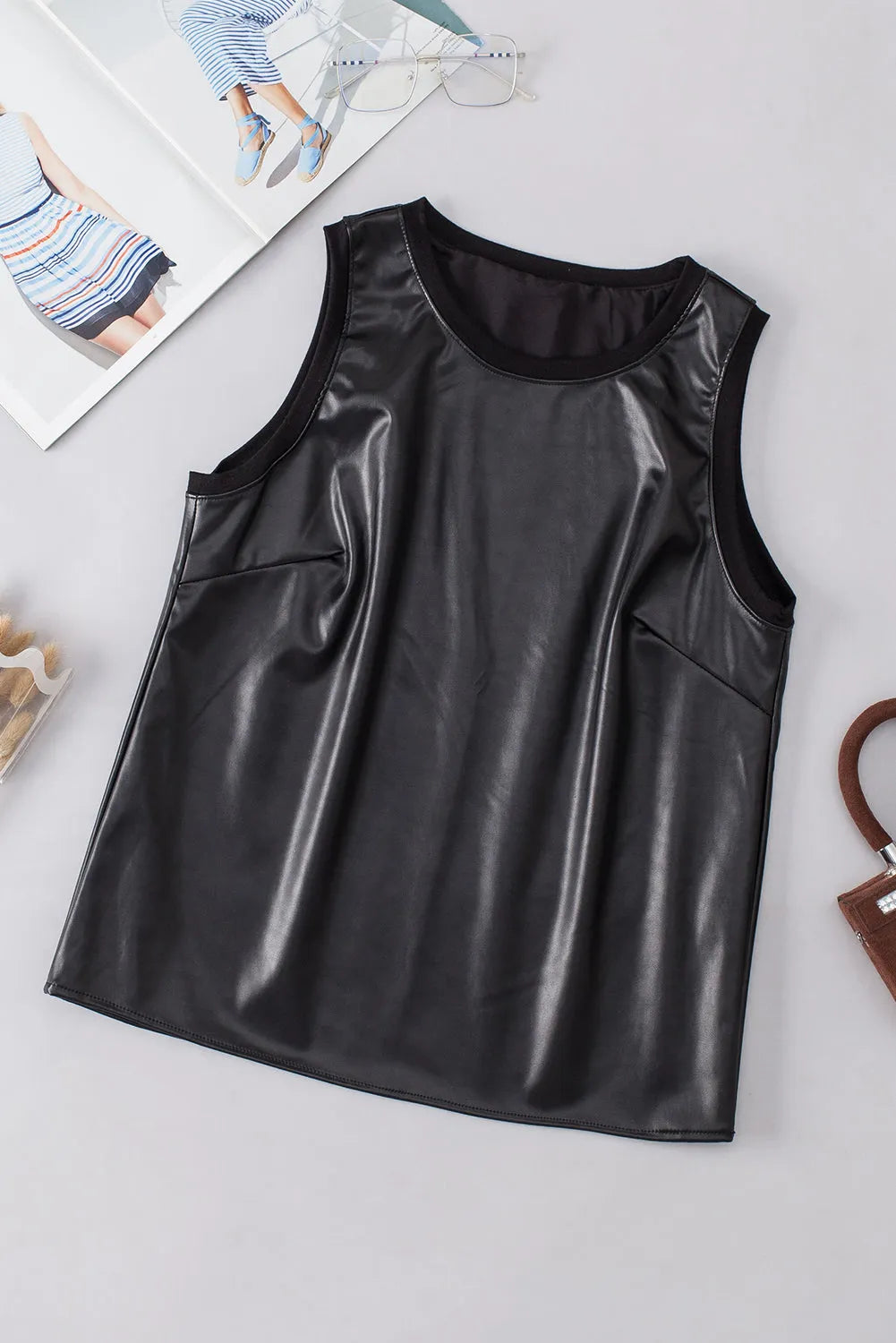 Black Faux Leather Crew Neck Tank Top - Chic Meadow Boutique 