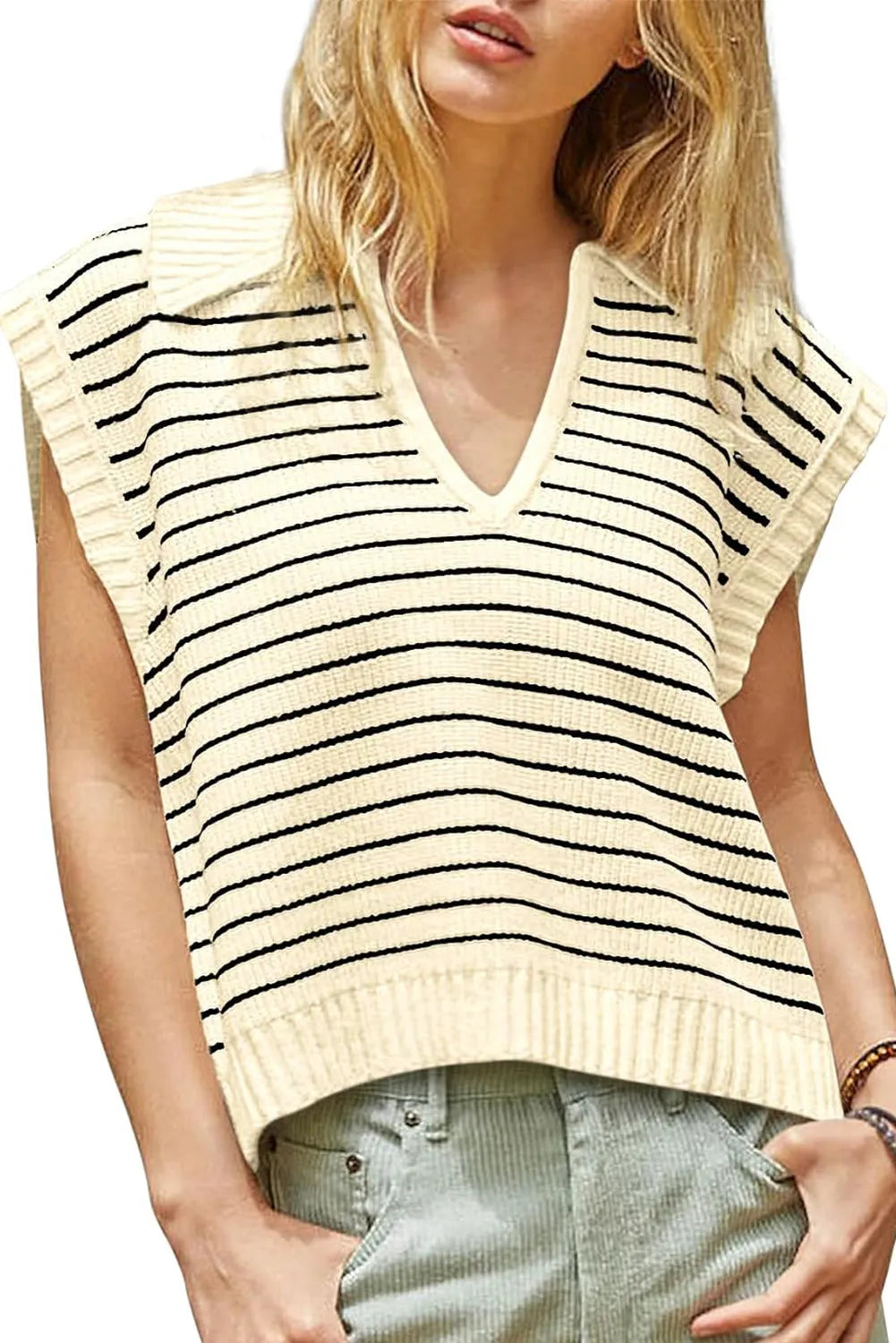 Beige Stripe Turn-down V Neck Sweater Tank Top - Chic Meadow Boutique 