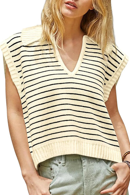 Beige Stripe Turn-down V Neck Sweater Tank Top - Chic Meadow Boutique 