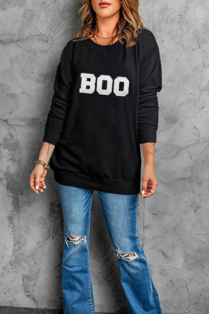 Black Chenille BOO Patched Pattern Crewneck Halloween Sweatshirt - Chic Meadow Boutique 