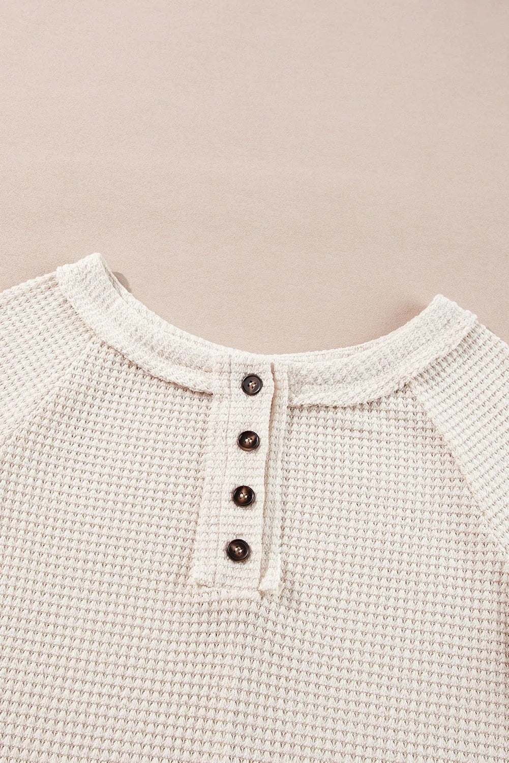 Oatmeal Waffle Knit Buttoned Front Raglan Sleeve Loose Blouse - Chic Meadow Boutique 