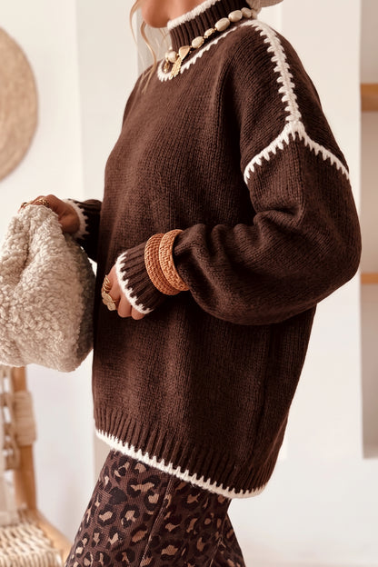 Coffee Contrast Trim Mock Neck Drop Shoulder Relaxed Sweater