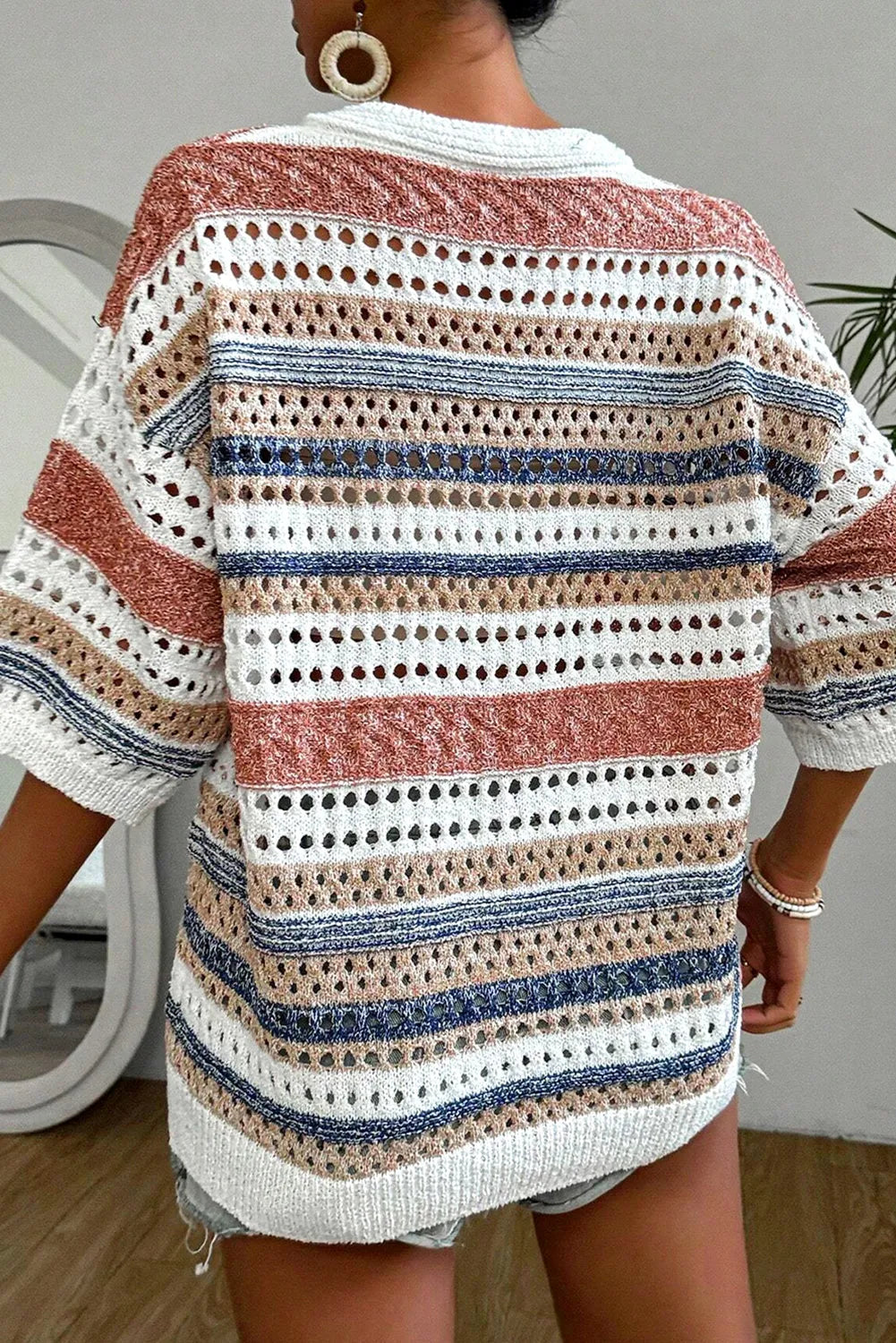 Multicolour Striped Hollow Out Half Sleeve Knitted Sweater - Chic Meadow Boutique 