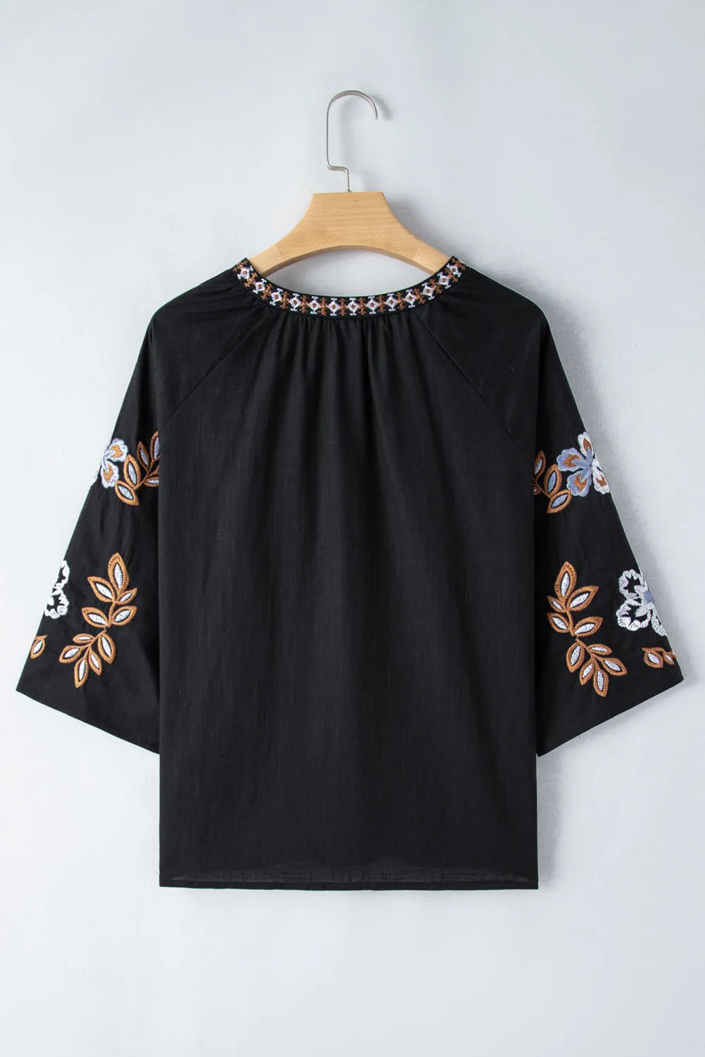 Black Bohemian Floral Embroidered V Neck Blouse - Chic Meadow Boutique 