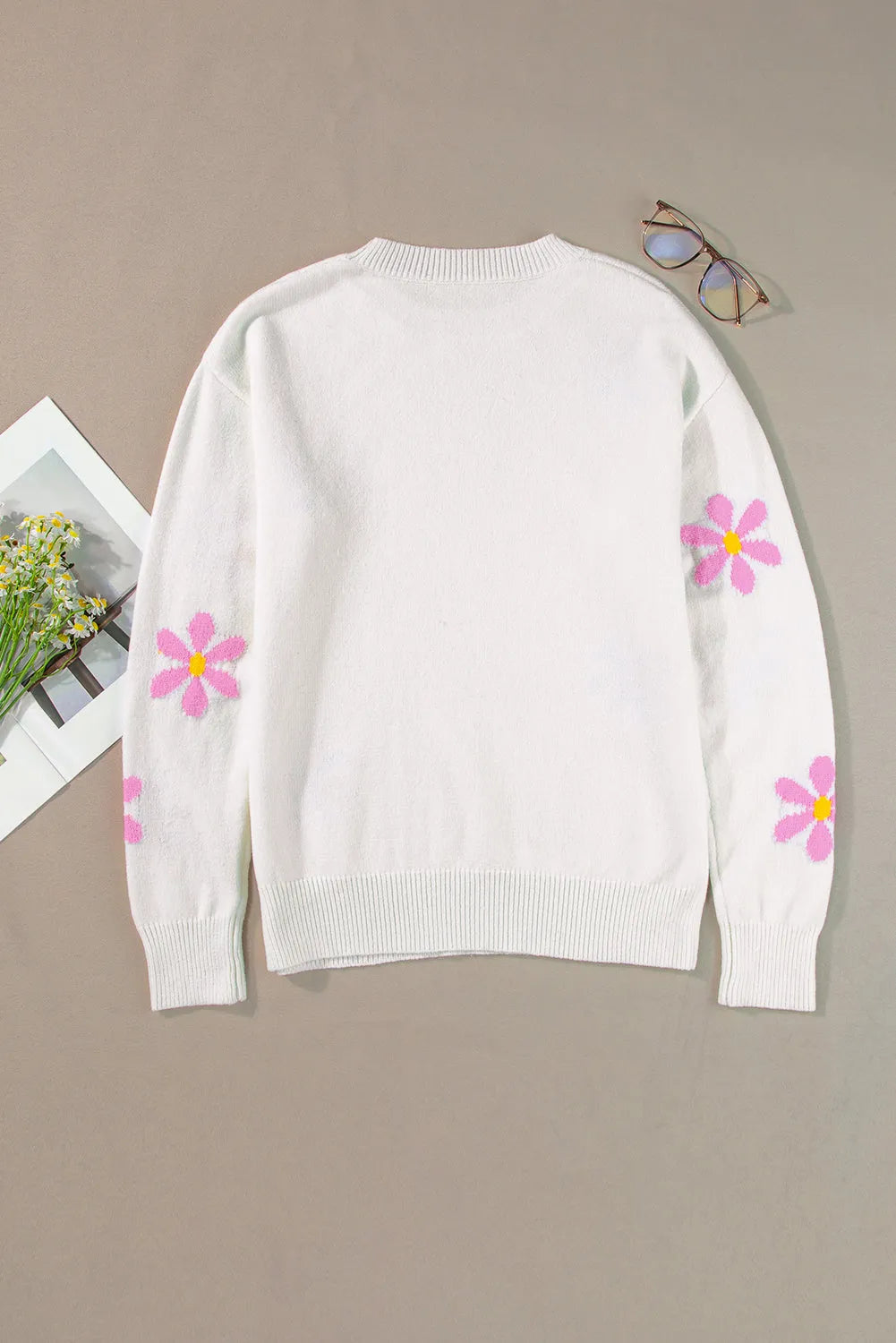 White Flower Pattern Ribbed Edge Elegant Sweater - Chic Meadow Boutique 