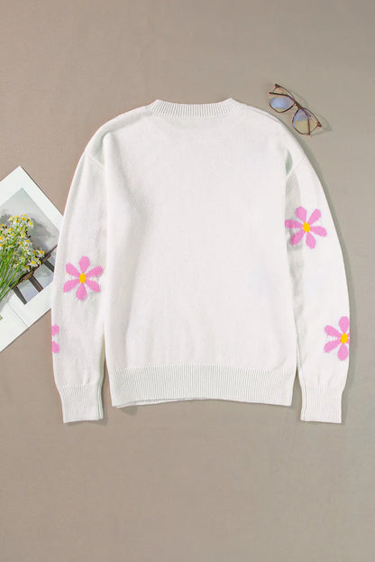 White Flower Pattern Ribbed Edge Elegant Sweater - Chic Meadow Boutique 