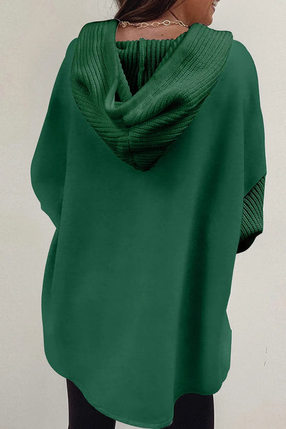 Blackish Green Button Up Contrast Knitted Sleeves Hooded Jacket - Chic Meadow Boutique 