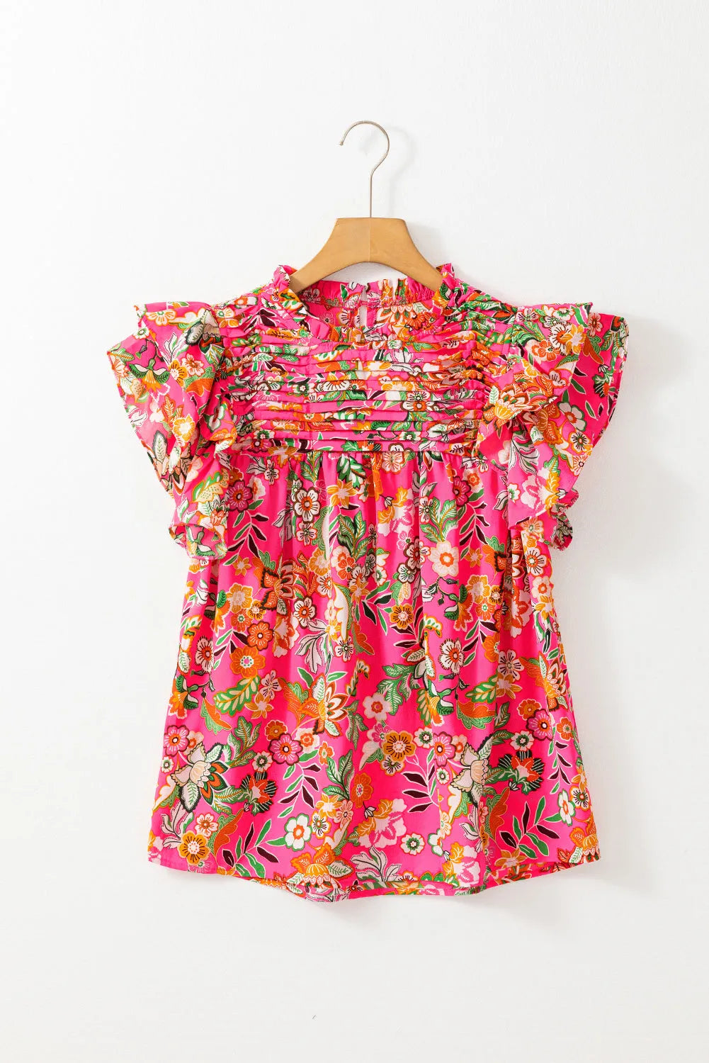 Rose Floral Print Pleated Ruffled Sleeve Summer Blouse - Chic Meadow Boutique 