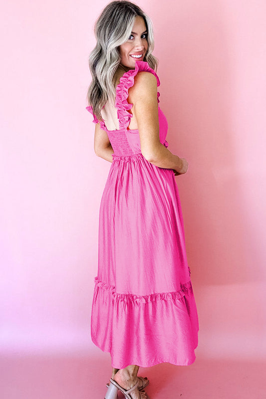 Bonbon Solid Color Ruffle Trim High Waist Sleeveless Maxi Dress