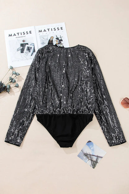 Black Sequin Mesh Long Sleeve Surplice Neck Bodysuit - Chic Meadow Boutique 