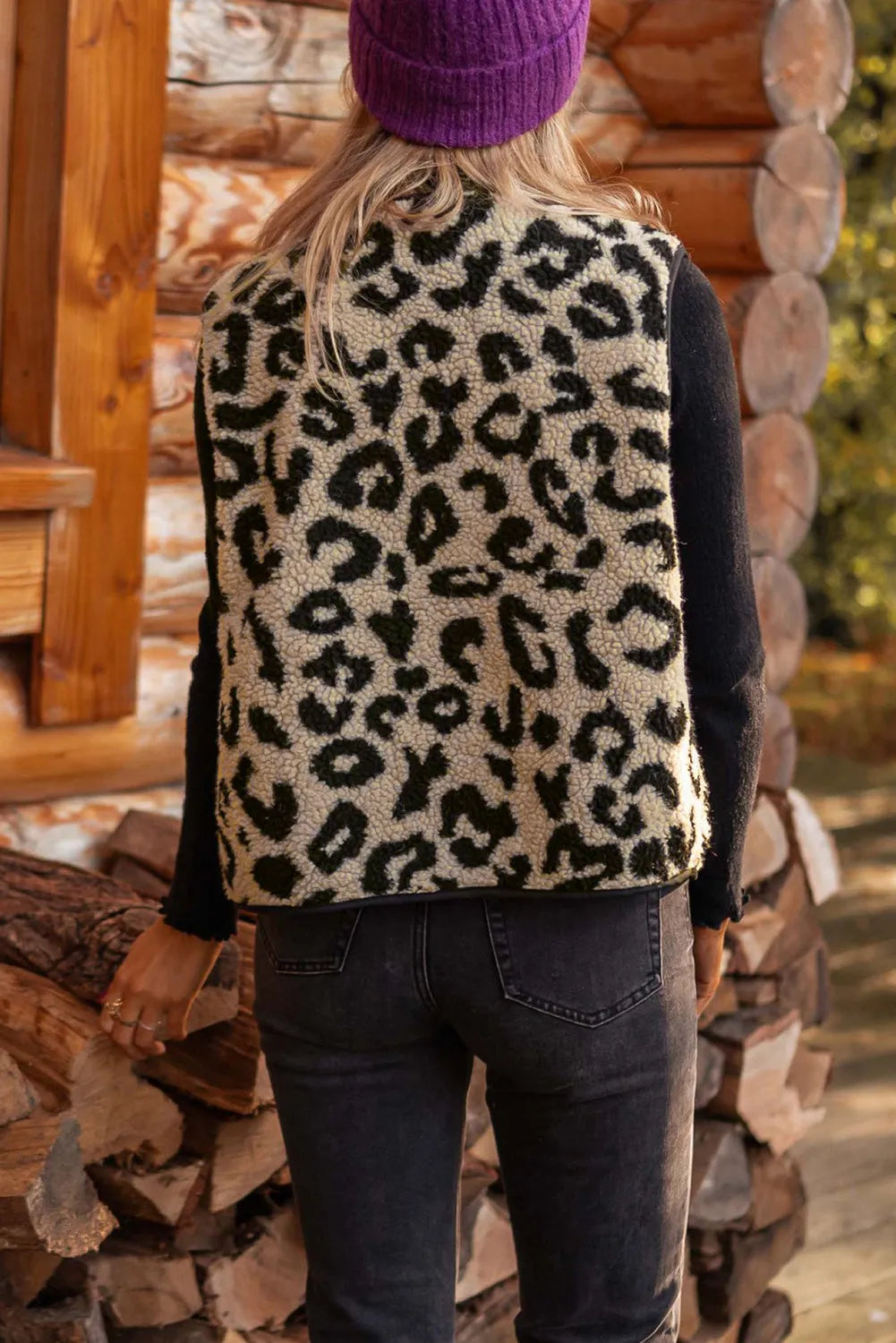 Black Leopard Print Sherpa Vest Coat - Chic Meadow Boutique 