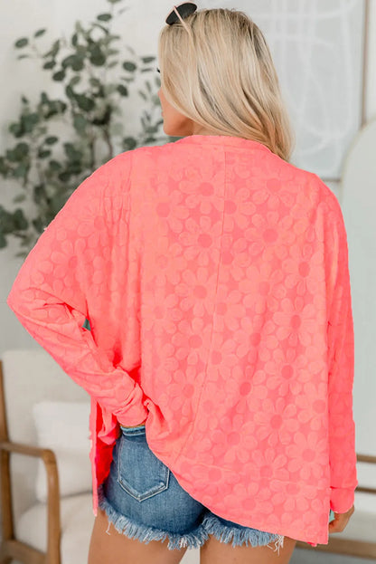 Tops/Long Sleeve Tops Apricot Pink Oversized Floral Jacquard V Neck Long Sleeve Top