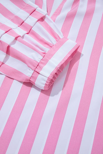 Rose Stripe Split Neck Button Decor Front Puff Sleeve Blouse