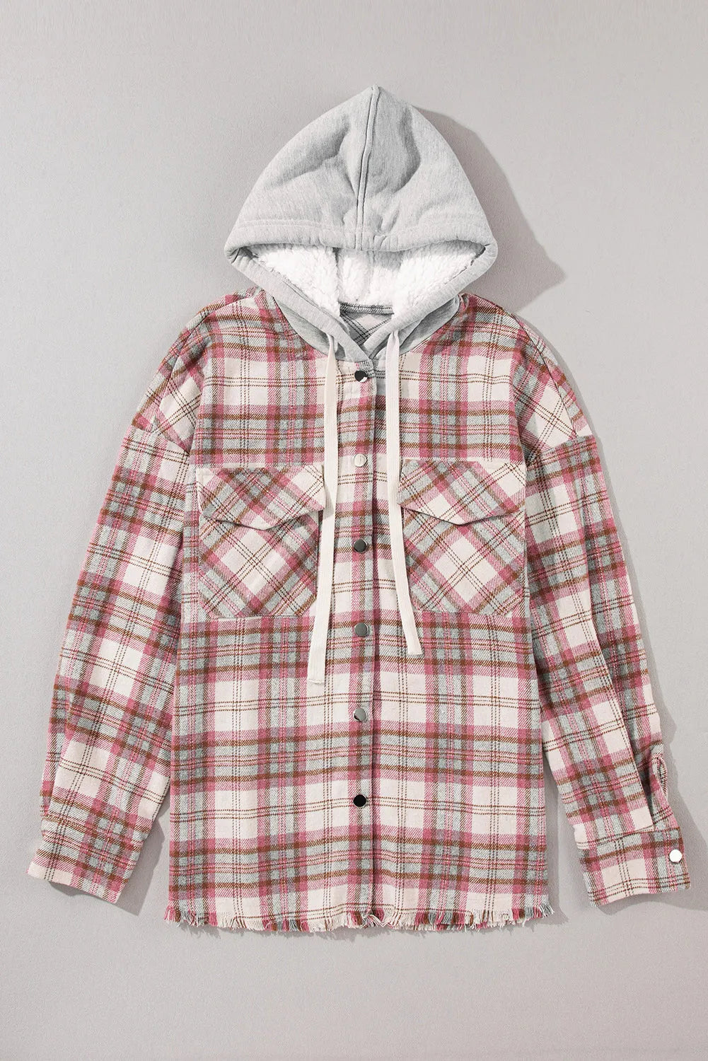 Multicolour Plaid Flap Pocket Hooded Raw Hem Jacket - Chic Meadow Boutique 