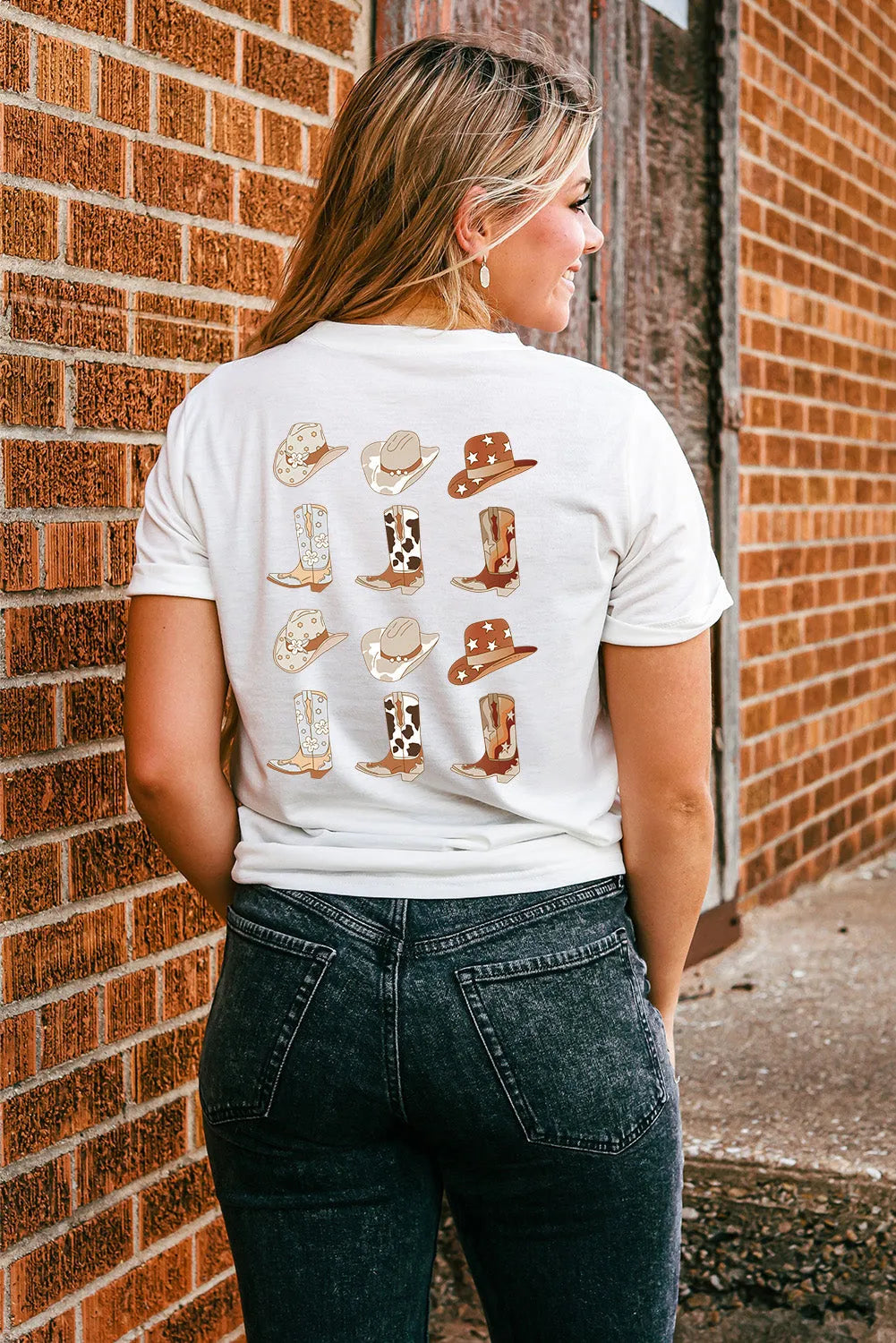 White Double-Side Cowboy Hat & Boots Graphic Tee - Chic Meadow Boutique 