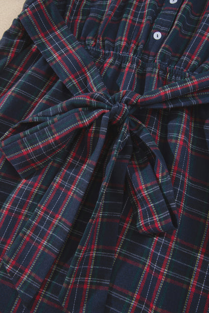 Black Plaid V Neck Belted Waist Short Sleeve Plus Size Dress