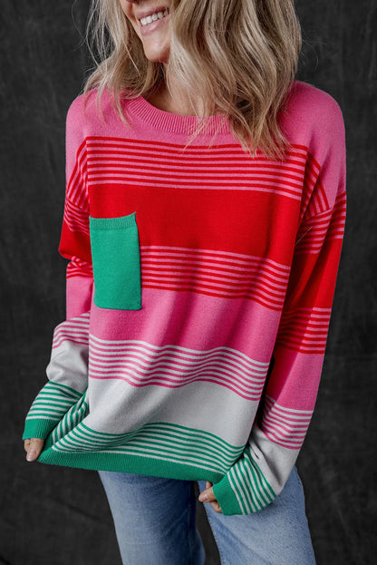 Rose Striped Knit Patch Pocket Drop Shoulder Sweater - Chic Meadow Boutique 