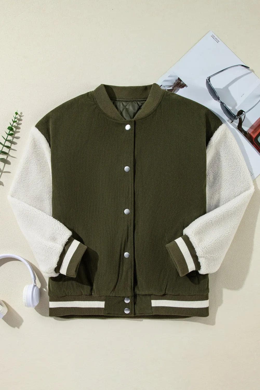 Outerwear/Jackets Mist Green Corduroy Fleece Patchwork Buttoned Bomber Jacket