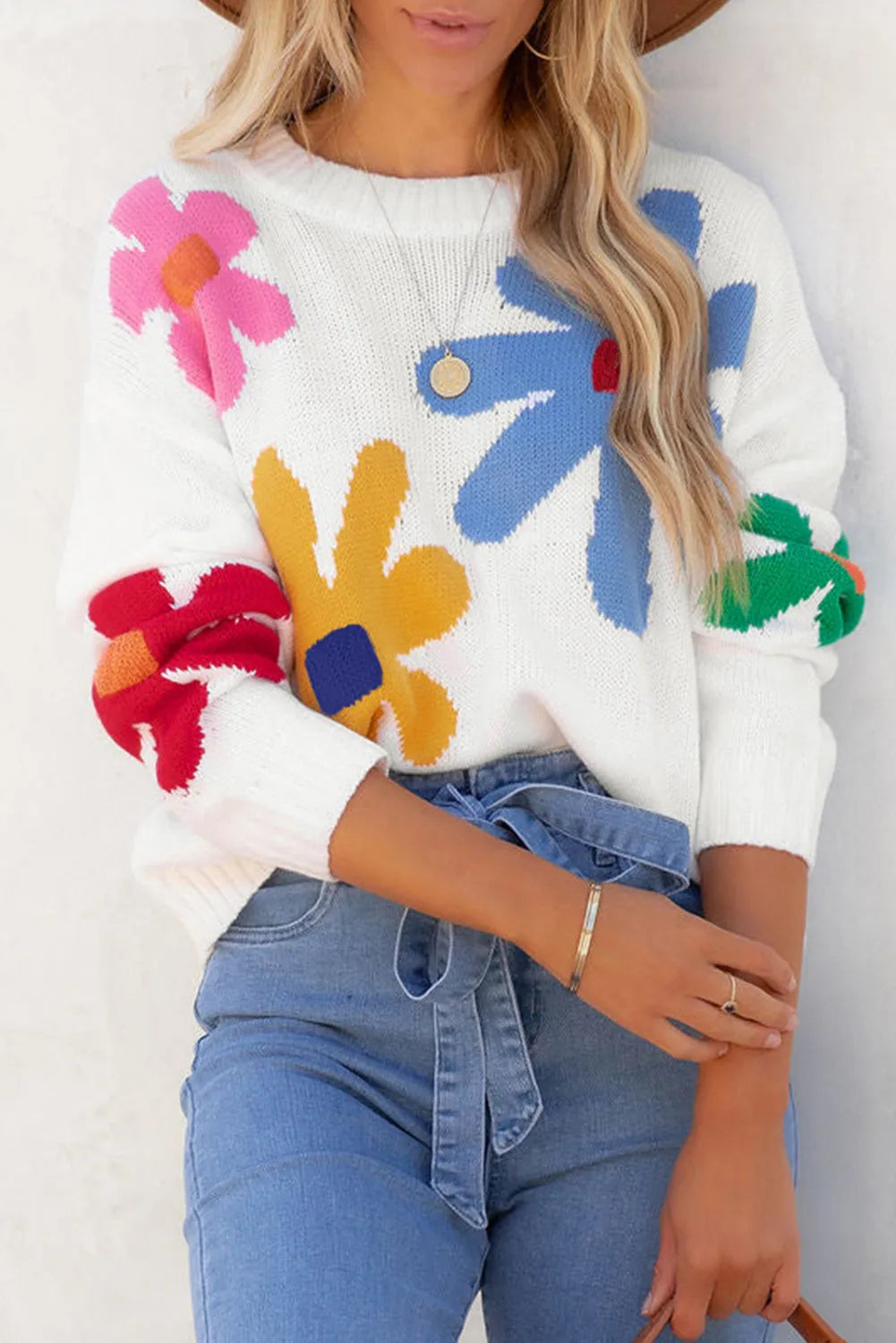 White Colorful Big Flower Pattern Crewneck Sweater - Chic Meadow Boutique 