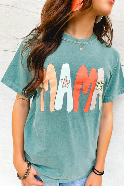 Sea Green MAMA Printed Mineral Wash Crewneck T Shirt