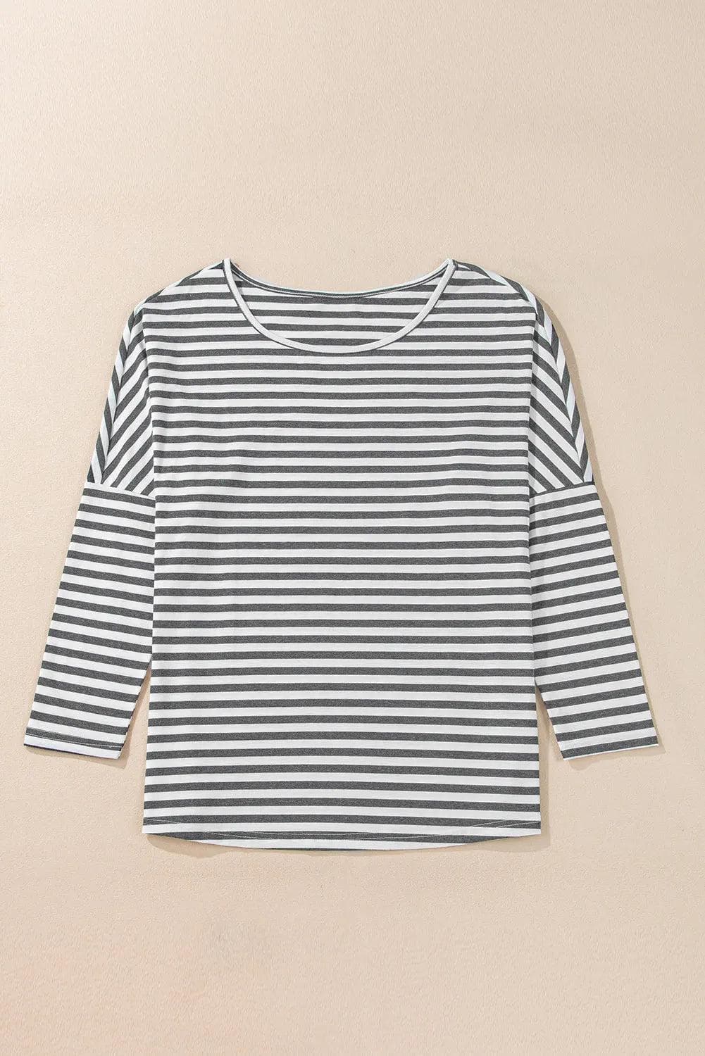 Tops/Long Sleeve Tops Gray Stripe Drop Sleeve Round Neck Oversized Long Sleeve Top