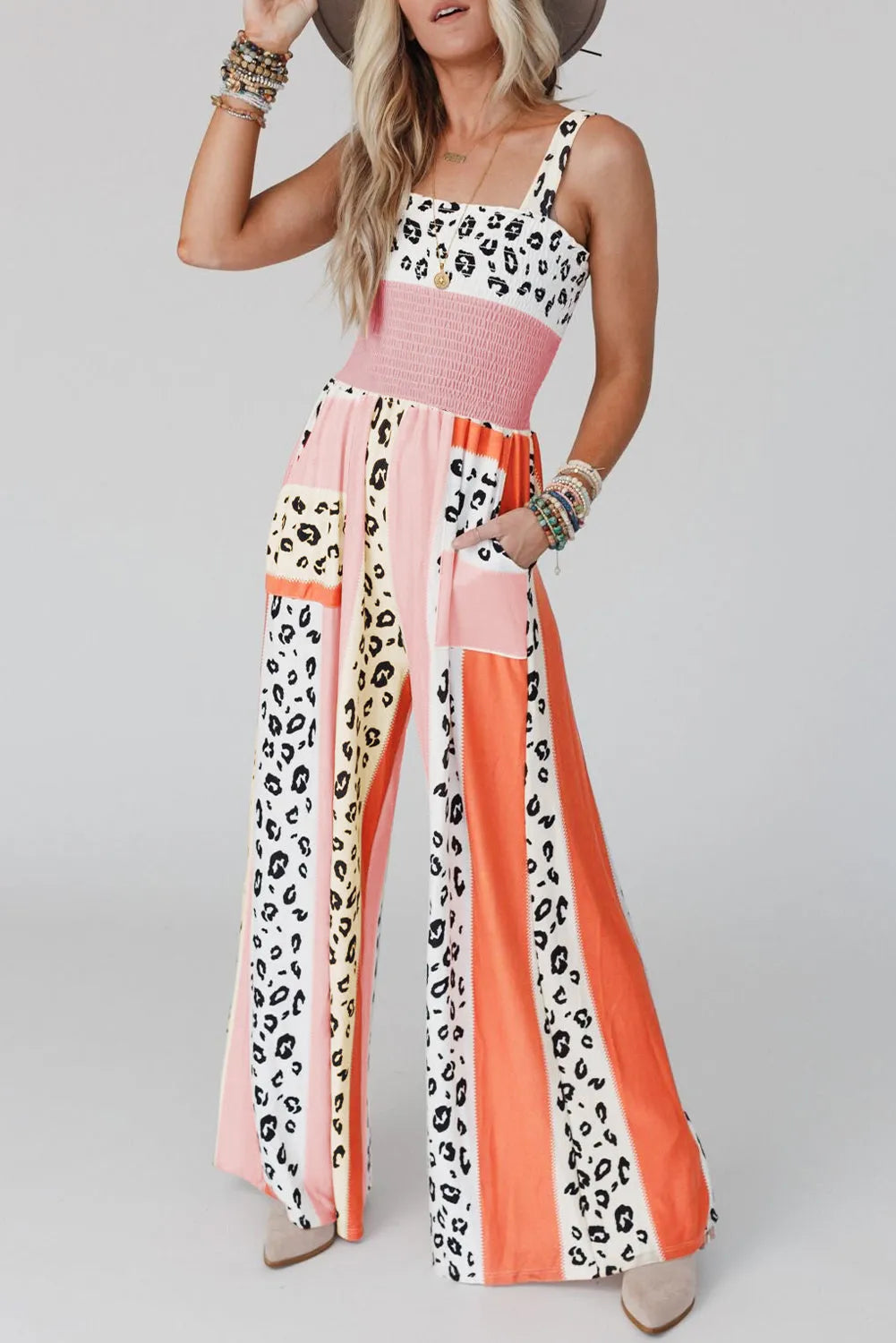 Pink Leopard Color Block Mix Print Pocketed Jumpsuit - Chic Meadow Boutique 