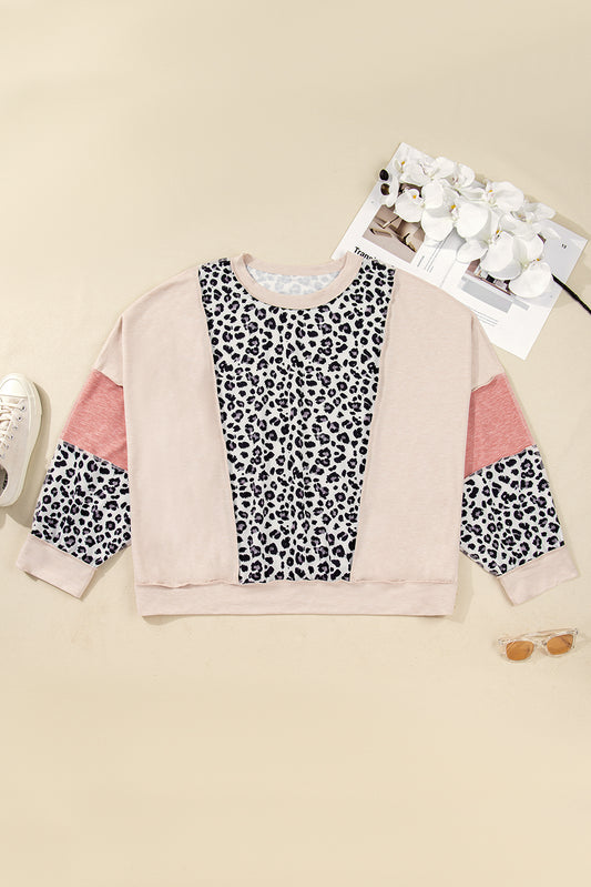 Gray Leopard Color Block Patchwork Reverse Stitch Plus Size Baggy Pullover