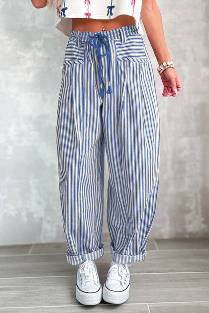 Blue Stripe Drawstring Casual Loose Pants