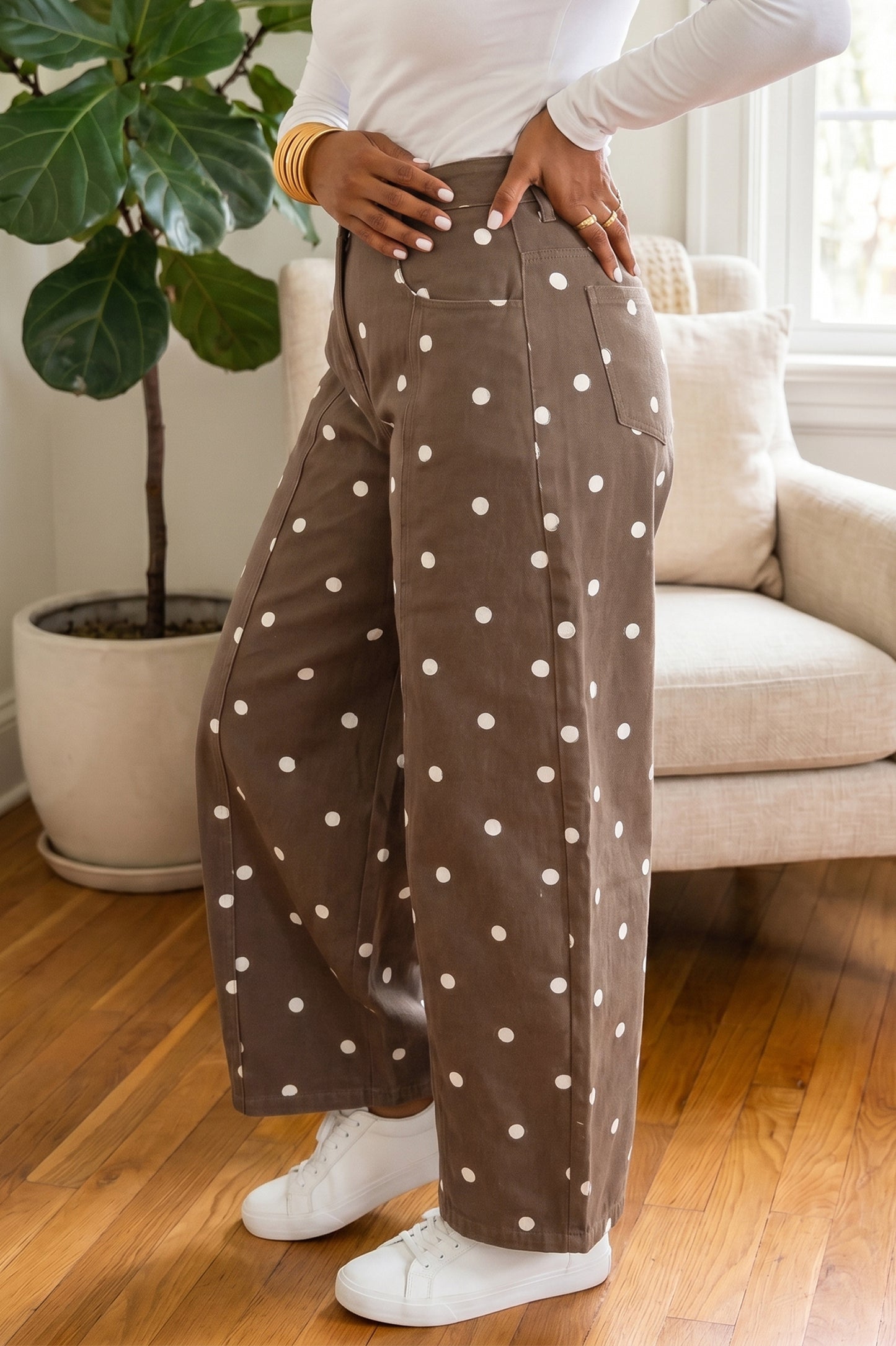 Brown Tailored Seam Polka Dot Print Barrel Casual Jeans