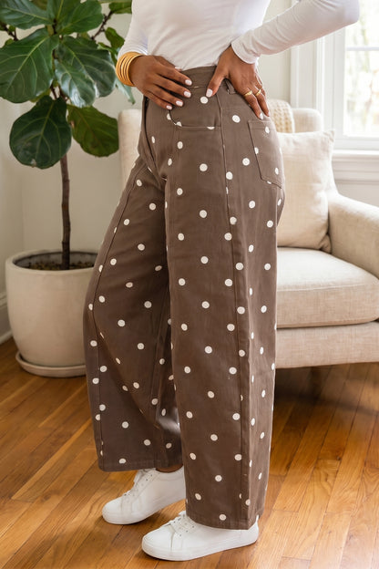 Brown Tailored Seam Polka Dot Print Barrel Casual Jeans