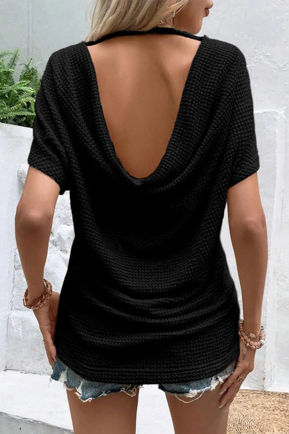 Black Draped Open Back Textured Tee - Chic Meadow Boutique 