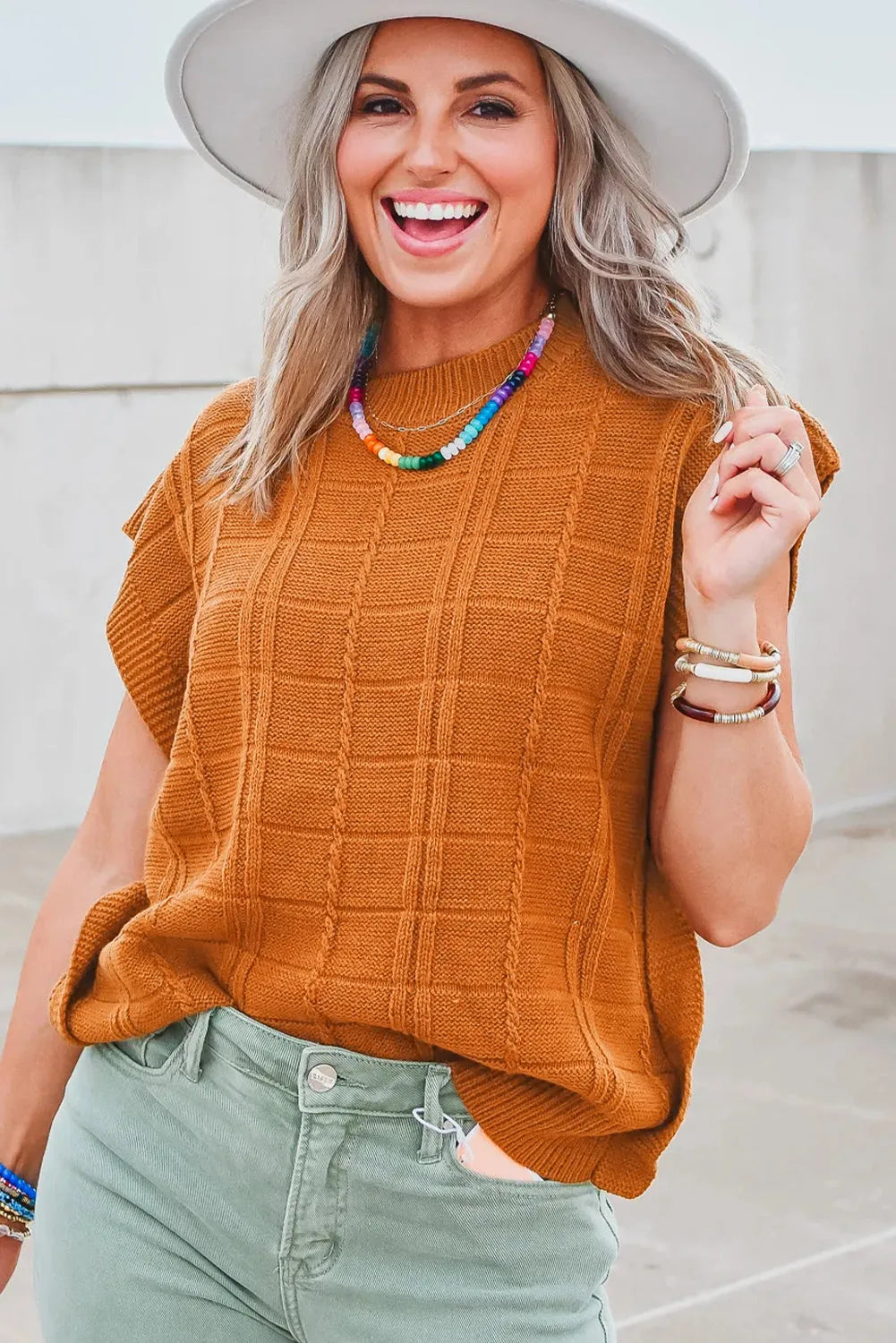 Chestnut Grid Textured Short Sleeve Sweater - Chic Meadow Boutique 