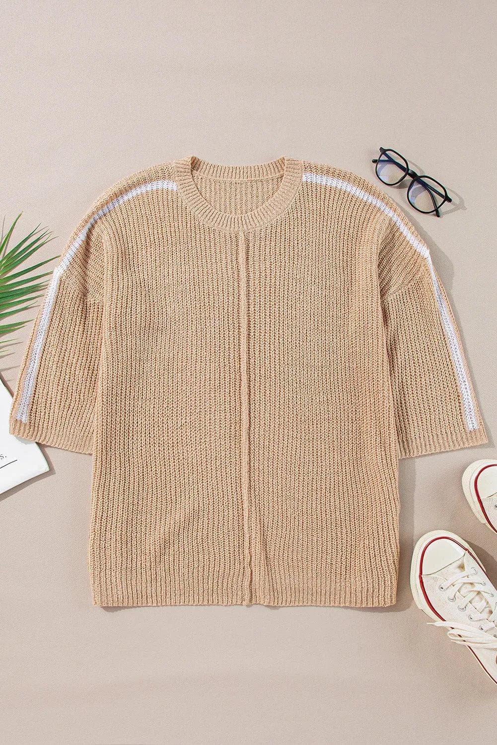 Sweaters & Cardigans/Sweaters Light French Beige Contrast Striped 3/4 Sleeve Crew Neck Sweater