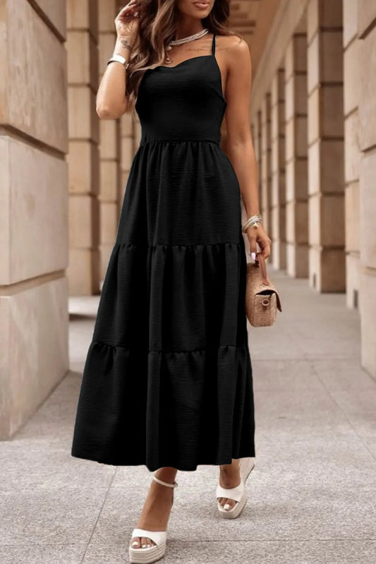 Black Crossover Backless Bodice Tiered Maxi Dress - Chic Meadow Boutique 