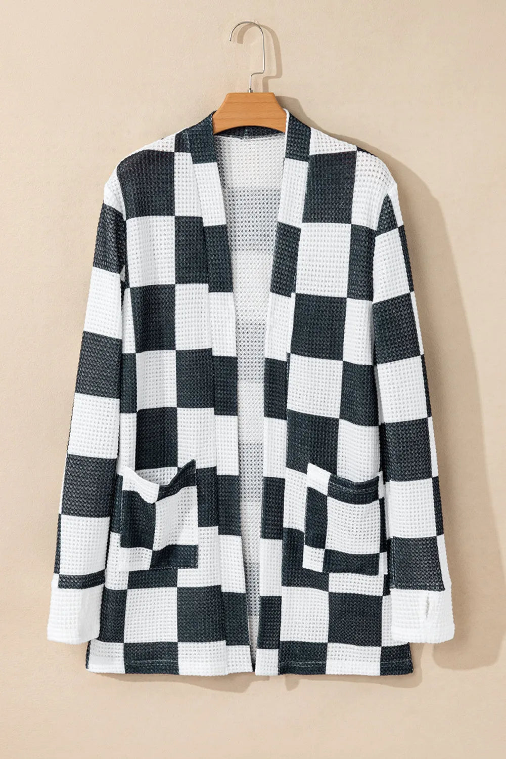 Black Checkered Waffle Knit Thumbhole Open Front Cardigan - Chic Meadow Boutique 