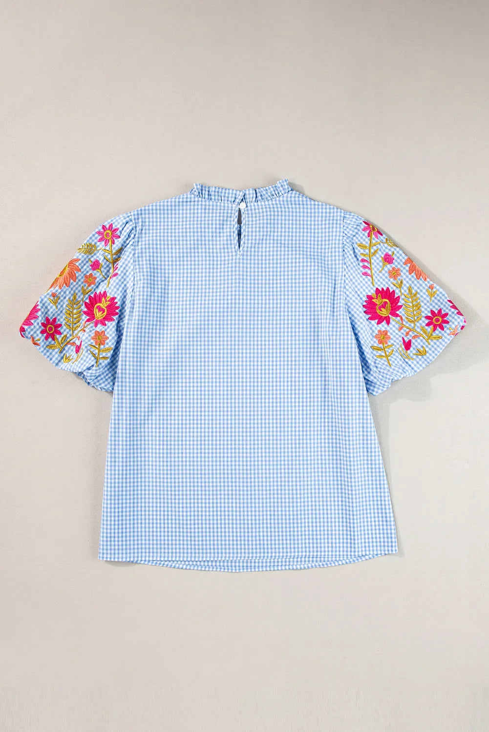 Light Blue Gingham Floral Embroidered Puff Sleeve Blouse - Chic Meadow Boutique 