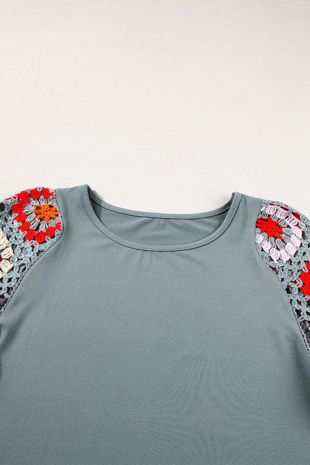 Tops/Tops & Tees Medium Grey Floral Crochet Short Sleeve Top