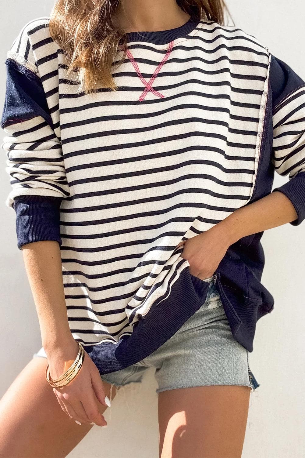 Tops/Sweatshirts & Hoodies White Stripe Color Block Exposed Seam Loose Fit Sweatshirt