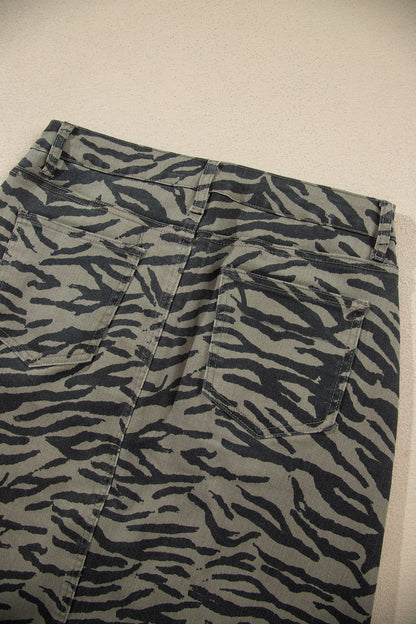 Brown Leopard Print Side Split Frayed Hem Denim Midi Skirt