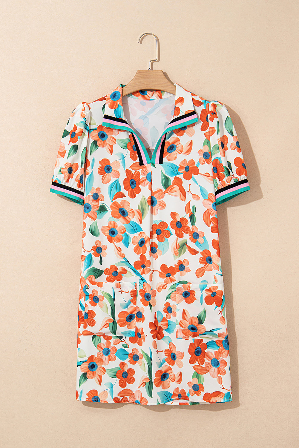 Orange Contrast Trim Floral Split Neck Puff Short Sleeve Tiered Mini Dress