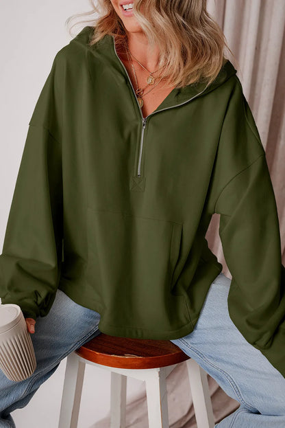 Moss Green Fleece Lined Half Zipper Kangaroo Pockets Loose Hoodie - Chic Meadow Boutique 