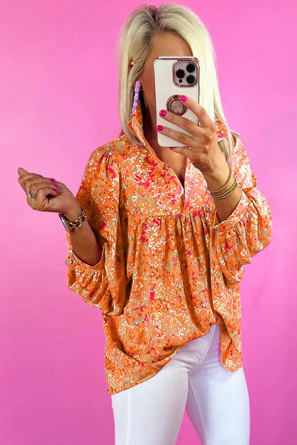 Orange Abstract Print Collared V Neck Babydoll Blouse - Chic Meadow Boutique 