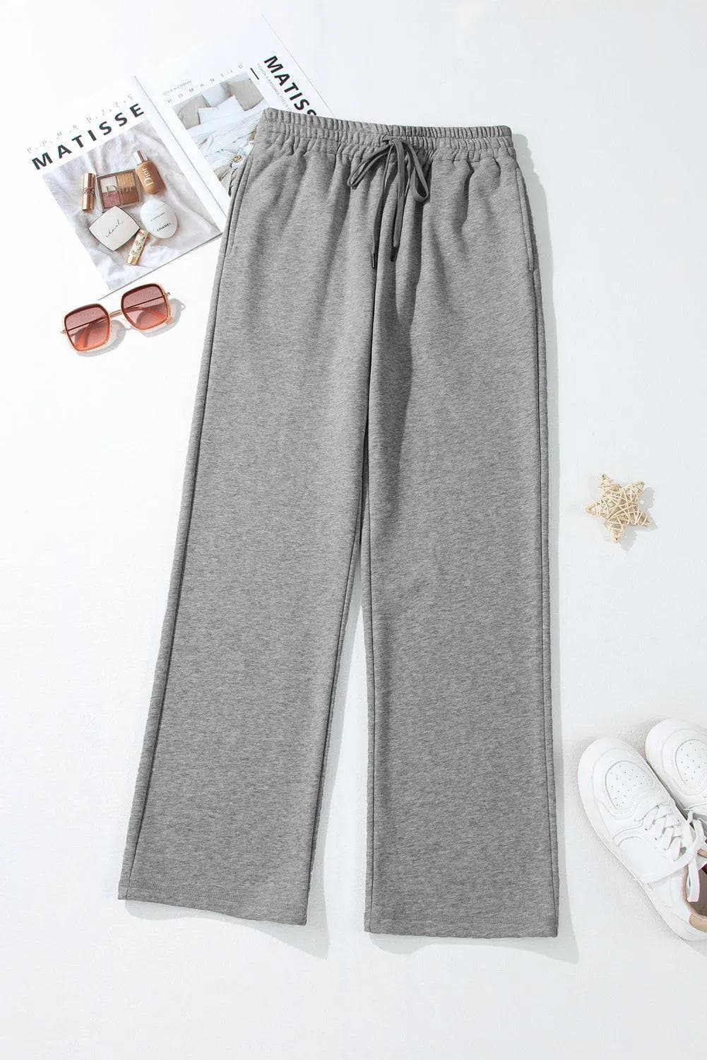 Bottoms/Pants & Culotte Light Grey Solid Color Fleece Lined Drawstring Waist Casual Pants