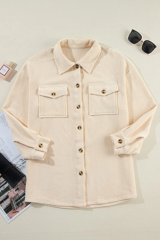 Oatmeal Corduroy Flap Pocket Button Up Shacket - Chic Meadow Boutique 