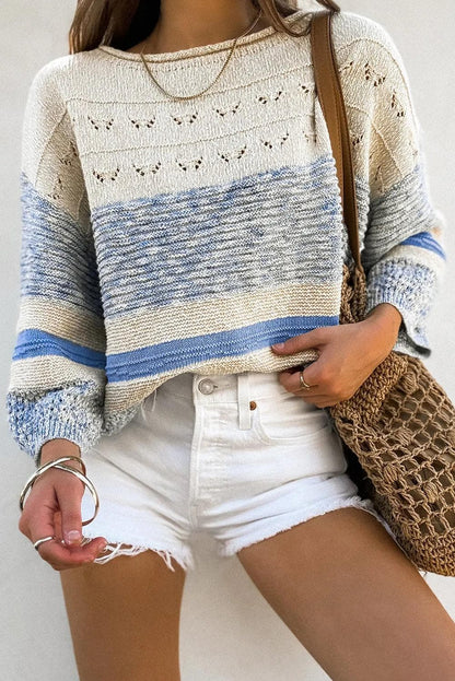 Sweaters & Cardigans/Sweaters Light Blue Open Stitch Puff Sleeve Sweater