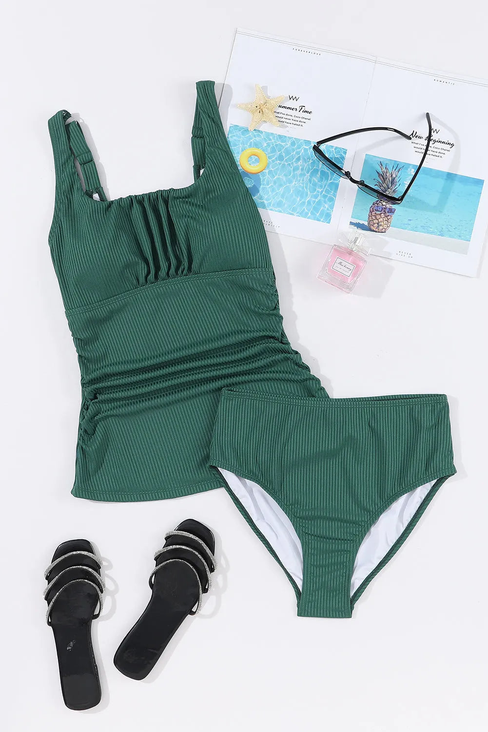 Blackish Green Ruched U Neck Ribbed Tankini - Chic Meadow Boutique 