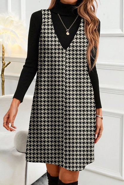 Khaki Houndstooth Print V Neck Sleeveless Mini Dress